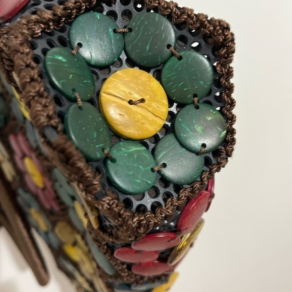 Handcrafted vintage bag coconut shell brown knit colorful bead floral boho Fall - Picture 8 of 11
